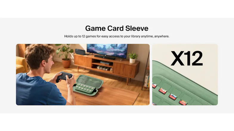 Promotional graphic of a case showcasing 12 game card sleeves Promotional graphic of a case showcasing 12 game card sleeves