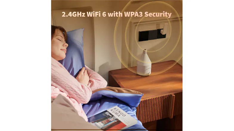 Smart home hub Aqara M100 connected to a wall socket beside the bed, showing 2.4GHz Wi-Fi 6 with WPA3 security Smart home hub Aqara M100 connected to a wall socket beside the bed, showing 2.4GHz Wi-Fi 6 with WPA3 security