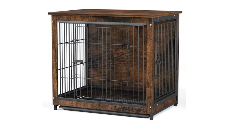 Dark wooden double-door pet crate with metal bars and a flat top Dark wooden double-door pet crate with metal bars and a flat top