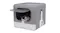 Grey foldable cat litter box with white base, front flap door, attached scoop, and a cat inside Grey foldable cat litter box with white base, front flap door, attached scoop, and a cat inside