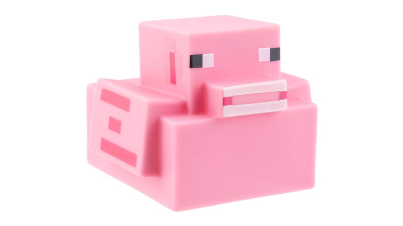 An angled front view of the minecraft pig bath duck An angled front view of the minecraft pig bath duck