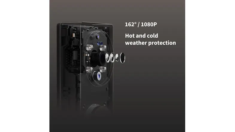 Close-up of Aqara doorbell camera lens assembly highlighting 162° wide-angle view, 1080P resolution, and weather protection Close-up of Aqara doorbell camera lens assembly highlighting 162° wide-angle view, 1080P resolution, and weather protection