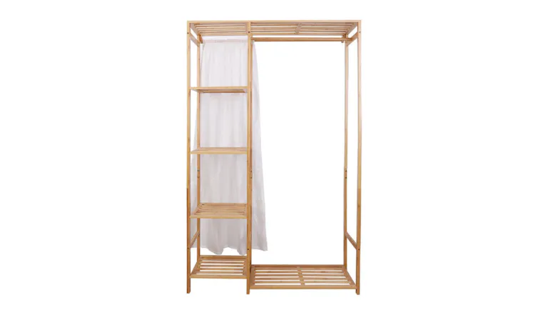 A view of the large bamboo clothing storage rack with curtain A view of the large bamboo clothing storage rack with curtain