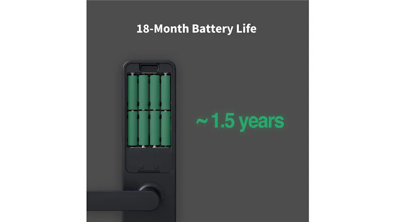 Close-up of Aqara Smart Door Lock A100 showing battery compartment with 8 AA batteries and text “18-Month Battery Life” Close-up of Aqara Smart Door Lock A100 showing battery compartment with 8 AA batteries and text “18-Month Battery Life”