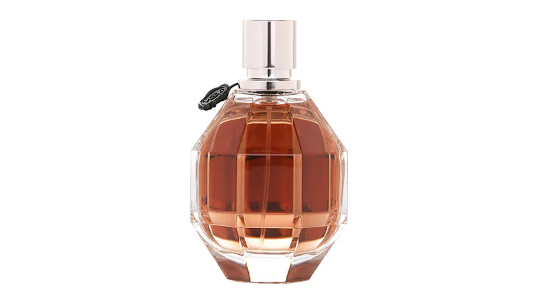Rear view of the Viktor & Rolf perfume in faceted pink glass Rear view of the Viktor & Rolf perfume in faceted pink glass