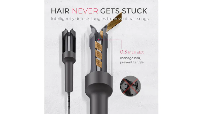 A TYMO curler with a 0.3" slot and an anti-tangle feature A TYMO curler with a 0.3" slot and an anti-tangle feature