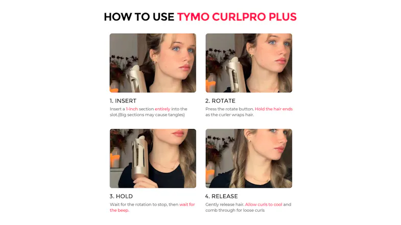 A 4-step TYMO CurlPro Plus usage guide with visuals and instructions A 4-step TYMO CurlPro Plus usage guide with visuals and instructions