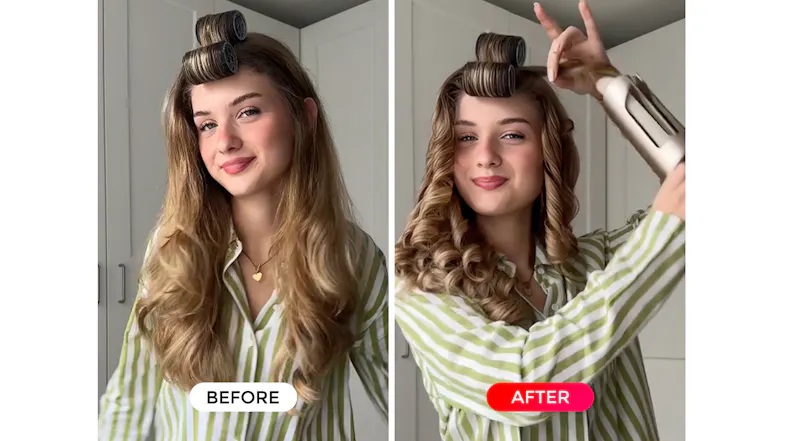 A TYMO CurlPro Plus in use with a before/after hair comparison A TYMO CurlPro Plus in use with a before/after hair comparison