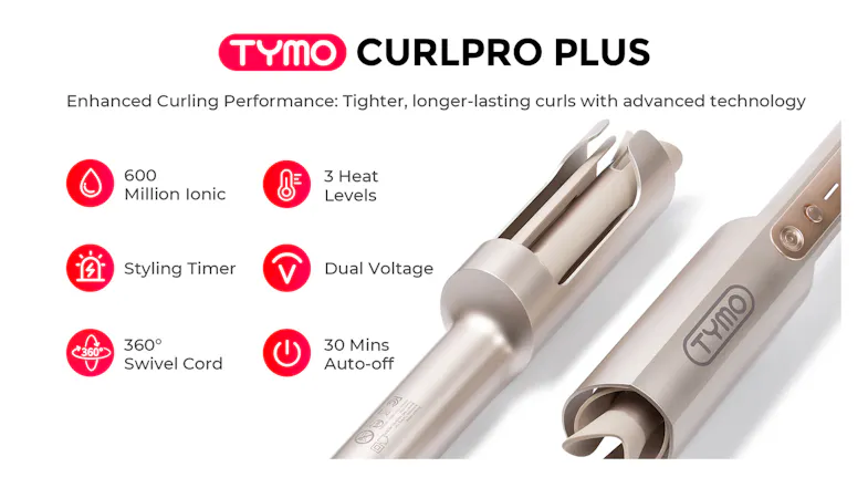 A TYMO CurlPro Plus with feature icons and a sleek design A TYMO CurlPro Plus with feature icons and a sleek design