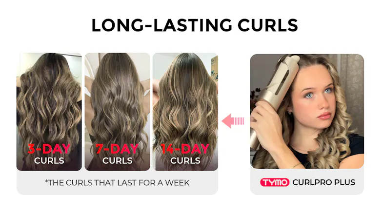 Promotional graphic of the curling iron showcasing long-lasting curls Promotional graphic of the curling iron showcasing long-lasting curls