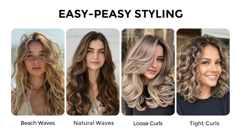 Promotional graphic of the curling iron showcasing easy-peasy styling Promotional graphic of the curling iron showcasing easy-peasy styling