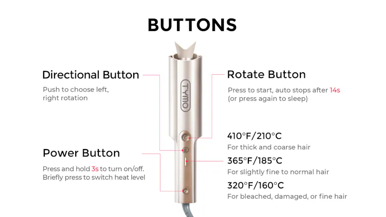 A TYMO CurlPro Plus with labelled buttons A TYMO CurlPro Plus with labelled buttons