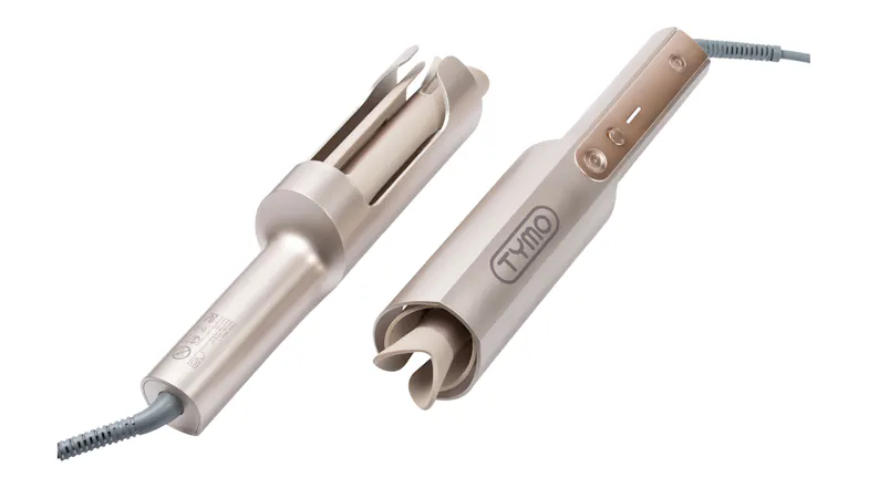 A gold TYMO auto curler with buttons and ergonomic cord A gold TYMO auto curler with buttons and ergonomic cord