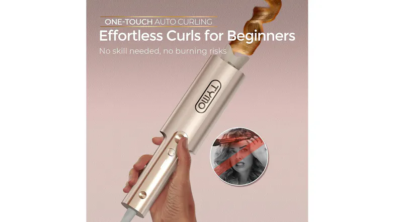 Promotional graphic of the curling iron showcasing one-touch auto curling Promotional graphic of the curling iron showcasing one-touch auto curling