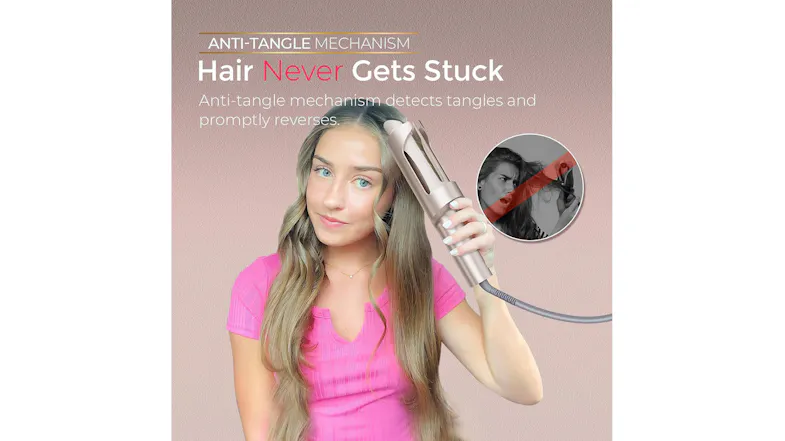 Promotional graphic of the curling iron showcasing the anti-tangle mechanism Promotional graphic of the curling iron showcasing the anti-tangle mechanism