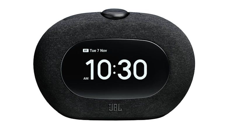 Front view of the JBL Horizon 3 speaker showing a digital clock display with time 10:30 AM and logo Front view of the JBL Horizon 3 speaker showing a digital clock display with time 10:30 AM and logo