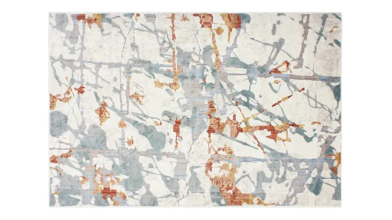 Full view of the Delauney Rug showing an abstract design with splashes of ivory, cloud blue, silver, and rust tones Full view of the Delauney Rug showing an abstract design with splashes of ivory, cloud blue, silver, and rust tones