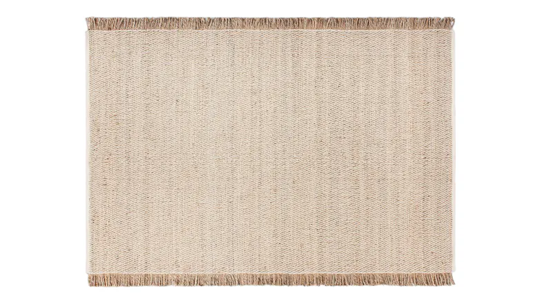 Full view of the Demi Rug in Natural showing a rectangular shape with a woven texture and decorative fringes Full view of the Demi Rug in Natural showing a rectangular shape with a woven texture and decorative fringes