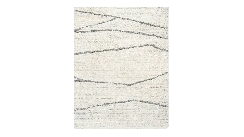 Everest Rug in ecru with wide horizontal silver lines creating a modern, abstract look Everest Rug in ecru with wide horizontal silver lines creating a modern, abstract look