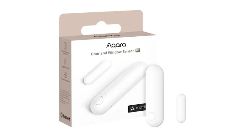 Box of the Aqara P2 door and window sensor featuring Matter support and Bluetooth logo Box of the Aqara P2 door and window sensor featuring Matter support and Bluetooth logo