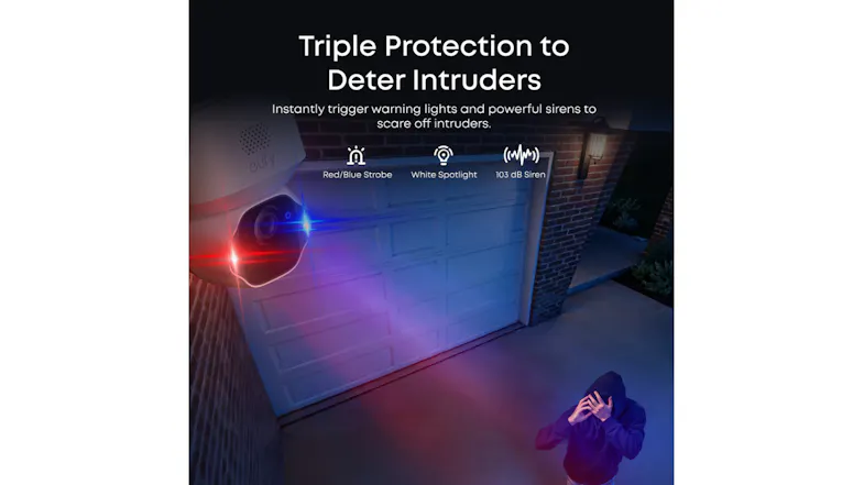 A garage-mounted eufy camera with strobe lights and a siren A garage-mounted eufy camera with strobe lights and a siren