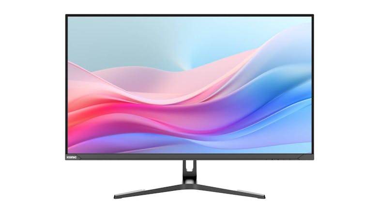 Front view of the Konic 32-inch Flat UHD Business Monitor showing a colourful abstract design on screen Front view of the Konic 32-inch Flat UHD Business Monitor showing a colourful abstract design on screen