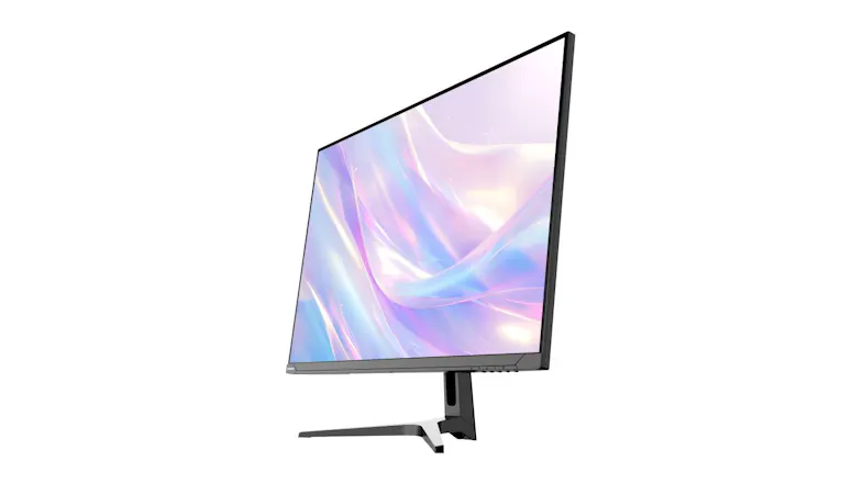 Angled front view of the flat monitor highlighting the ultra-slim design and vibrant display with pastel colours Angled front view of the flat monitor highlighting the ultra-slim design and vibrant display with pastel colours