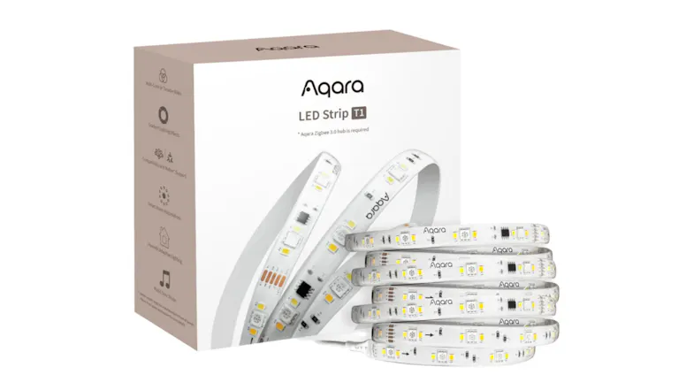 Product box of Aqara LED Strip T1 with coiled LED strip beside it, and features shown Product box of Aqara LED Strip T1 with coiled LED strip beside it, and features shown