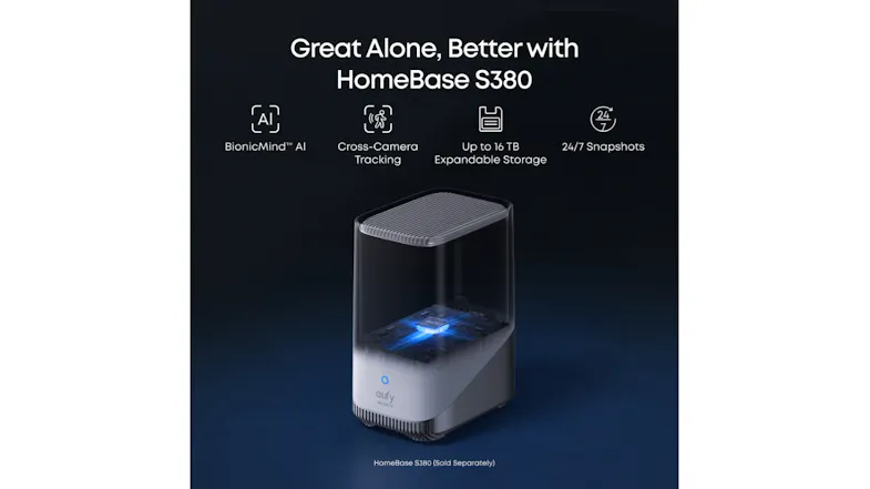 A eufy HomeBase S380 with icons for AI and storage features A eufy HomeBase S380 with icons for AI and storage features