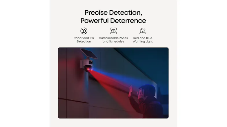 A solar camera with red/blue warning lights and a hooded figure A solar camera with red/blue warning lights and a hooded figure