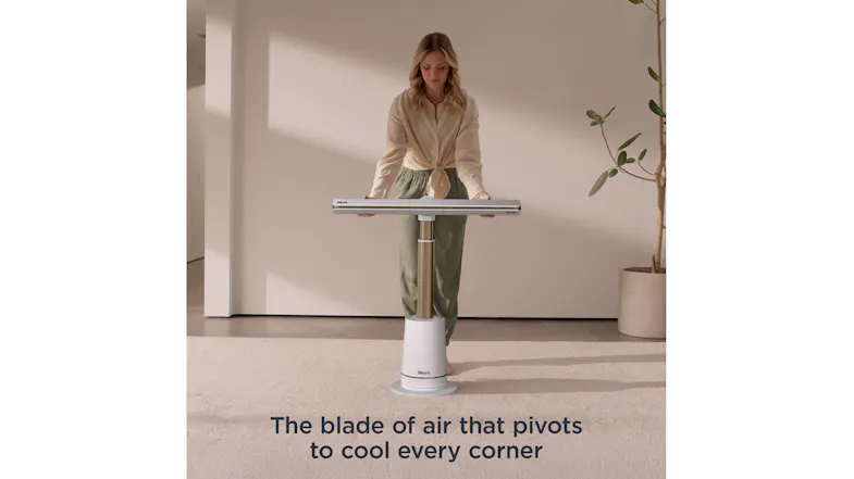 Woman adjusting the horizontal fan head; text highlights its pivoting capability Woman adjusting the horizontal fan head; text highlights its pivoting capability