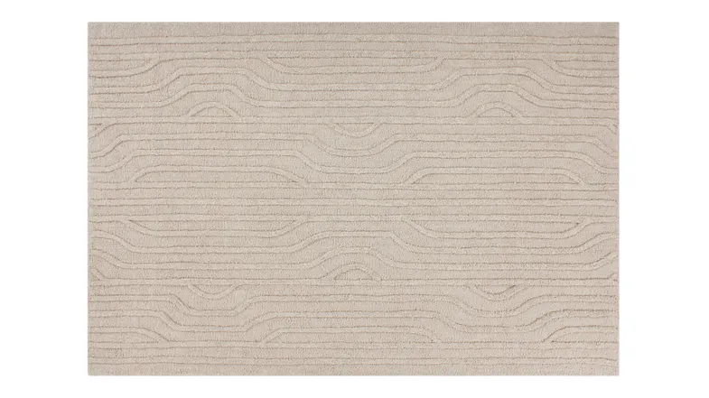 Full view of Hepburn Rug with pebble finish and repeating horizontal wavy pattern Full view of Hepburn Rug with pebble finish and repeating horizontal wavy pattern