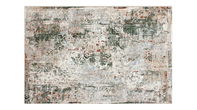 Rectangular rug with an abstract design featuring layered patterns in olive, black, silver, and rust Rectangular rug with an abstract design featuring layered patterns in olive, black, silver, and rust