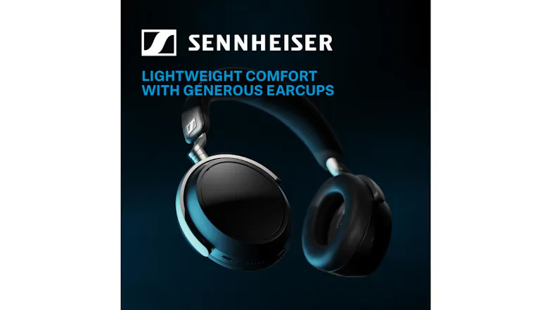 Close-up of the headphones with text “Lightweight comfort with generous earcups.” Close-up of the headphones with text “Lightweight comfort with generous earcups.”