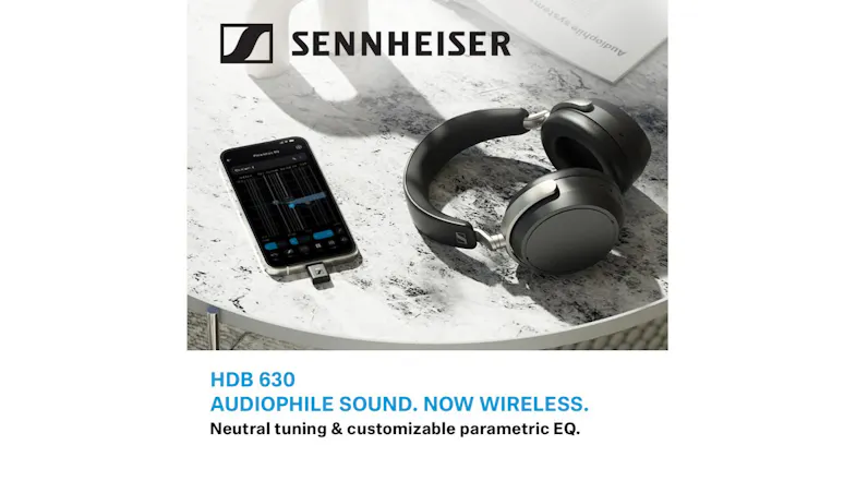 Headphones placed on a table displaying audio equaliser settings, with text “Audiophile sound. Now wireless.” Headphones placed on a table displaying audio equaliser settings, with text “Audiophile sound. Now wireless.”