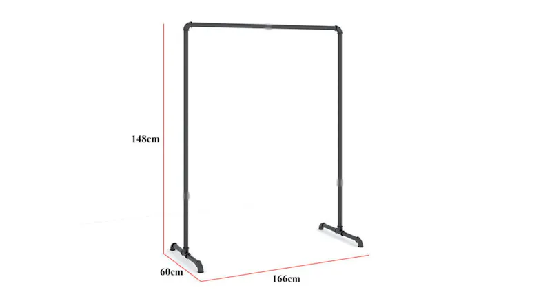 Industrial pipe clothing rack with dimensions labelled: 166cm wide, 148cm high, 60cm deep Industrial pipe clothing rack with dimensions labelled: 166cm wide, 148cm high, 60cm deep