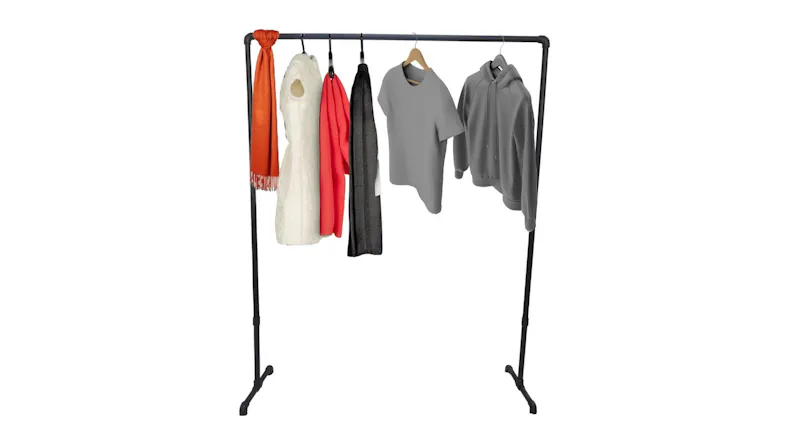 A black industrial clothing rack holding assorted garments, including a scarf, dress, coat, t-shirt, and hoodie A black industrial clothing rack holding assorted garments, including a scarf, dress, coat, t-shirt, and hoodie