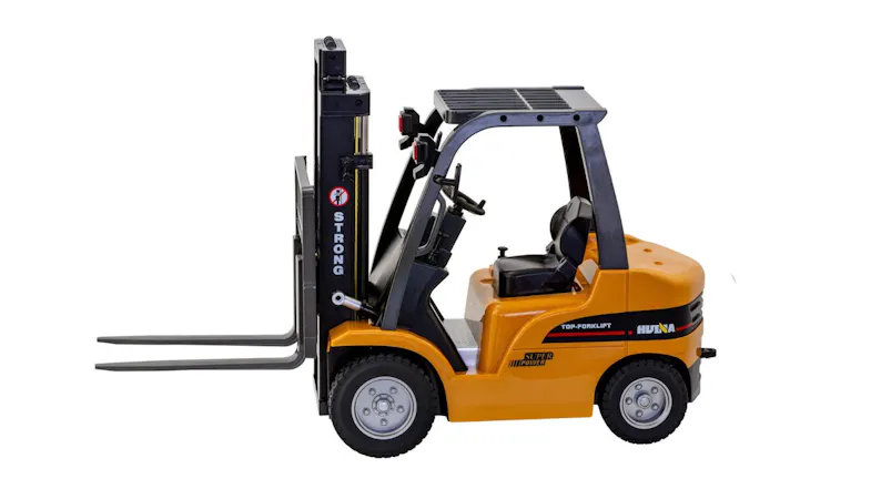 Side view of a yellow RC forklift toy with black lifting forks and realistic construction details Side view of a yellow RC forklift toy with black lifting forks and realistic construction details