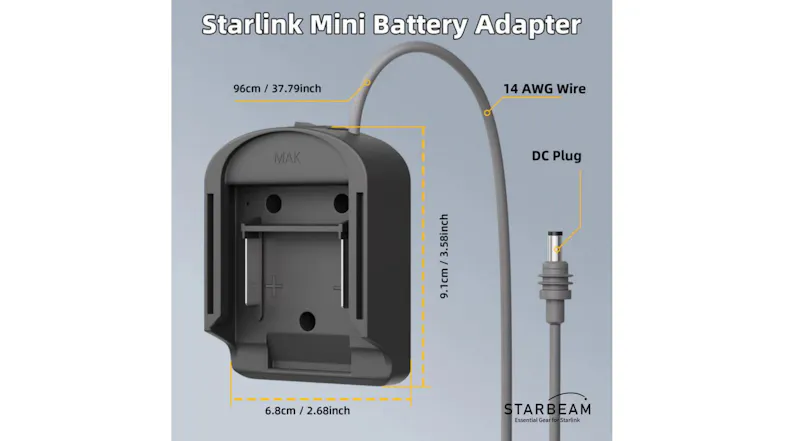 Step-by-step installation guide for the Starbeam Makita battery adapter, showing how to connect, align, and power a Starlink Mini Step-by-step installation guide for the Starbeam Makita battery adapter, showing how to connect, align, and power a Starlink Mini