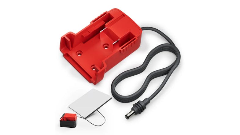 An angled view of the Starbeam Milwaukee battery adapter with its DC cable An angled view of the Starbeam Milwaukee battery adapter with its DC cable