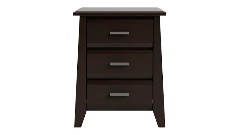 Front view of the bedside drawer unit in a Dark Oak finish with three drawers and silver handles Front view of the bedside drawer unit in a Dark Oak finish with three drawers and silver handles