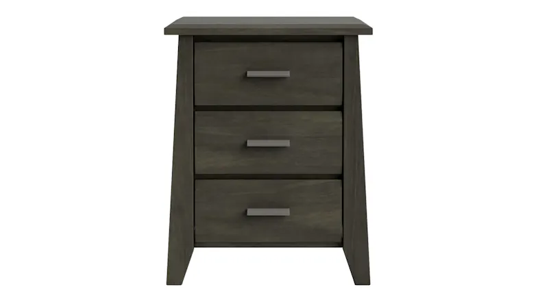 Front view of the bedside cabinet in a Greywash finish with three drawers and silver handles Front view of the bedside cabinet in a Greywash finish with three drawers and silver handles