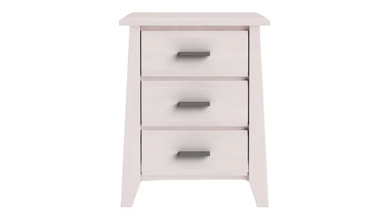 Front view of a nightstand in a Whitewash finish with three drawers and silver handles Front view of a nightstand in a Whitewash finish with three drawers and silver handles