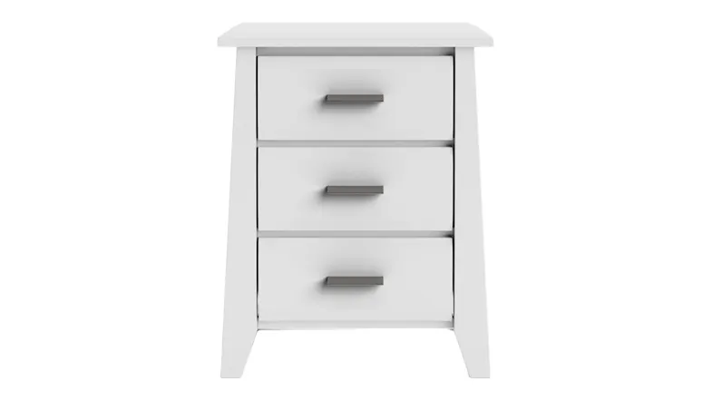 Front view of a bedside table in White Paint with three drawers and silver handles Front view of a bedside table in White Paint with three drawers and silver handles