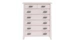 Front view of a storage cabinet in Whitewash finish featuring seven drawers with silver handles Front view of a storage cabinet in Whitewash finish featuring seven drawers with silver handles