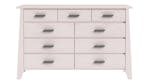 Front view of a storage cabinet in Whitewash finish featuring nine drawers with silver handles Front view of a storage cabinet in Whitewash finish featuring nine drawers with silver handles