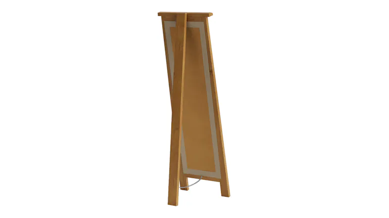 Rear angled view of a floor Mirror in Light Rimu showing wooden backing and support legs Rear angled view of a floor Mirror in Light Rimu showing wooden backing and support legs
