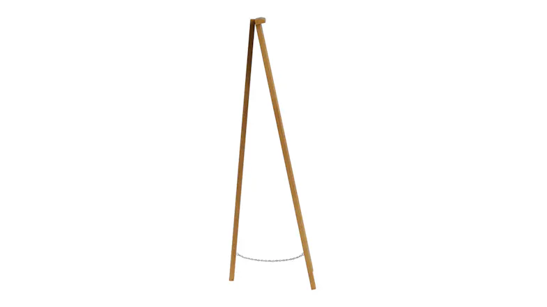 Side view of Verve Free Standing Mirror highlighting its A-frame support structure with a metal chain for stability Side view of Verve Free Standing Mirror highlighting its A-frame support structure with a metal chain for stability