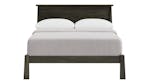 Front view of a bed platform in Greywash finish, showing a sleek back panel, angled legs, and mattress Front view of a bed platform in Greywash finish, showing a sleek back panel, angled legs, and mattress