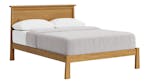 Angled front view of a Light Rimu bed frame, showing its sturdy wooden structure, rectangular back panel, and mattress Angled front view of a Light Rimu bed frame, showing its sturdy wooden structure, rectangular back panel, and mattress